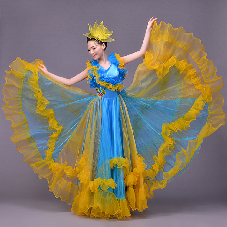 新款中老年演出服气质交谊舞蹈大摆裙大花潮流舞台表演连衣裙