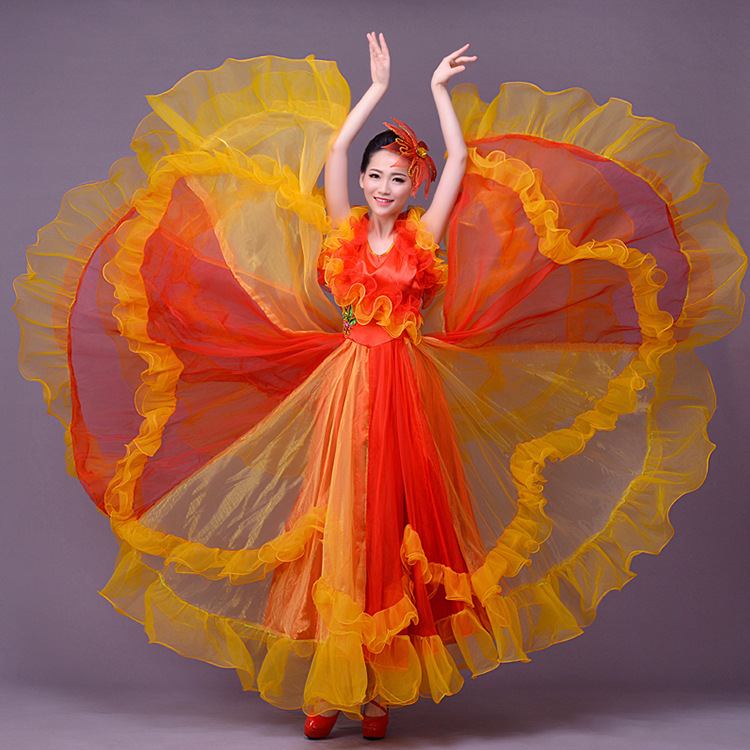 新款中老年演出服气质交谊舞蹈大摆裙大花潮流舞台表演连衣裙