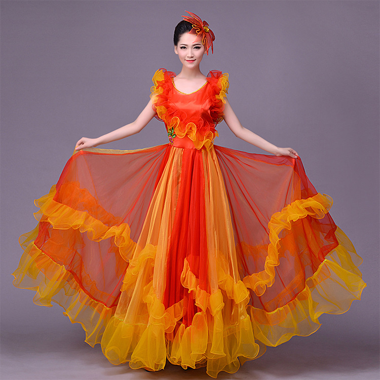 新款中老年演出服气质交谊舞蹈大摆裙大花潮流舞台表演连衣裙