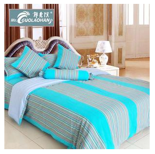 郭老汉家纺床上用品三件套四件套七件套条纹浅蓝色宿舍卧室单人双人床单枕套